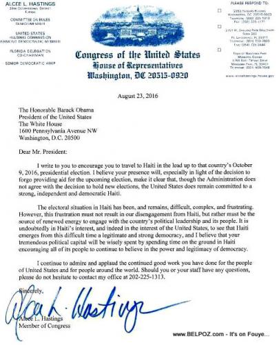 PHOTO : Alcee Hastings Letter to Obama : GO Visit Haiti
