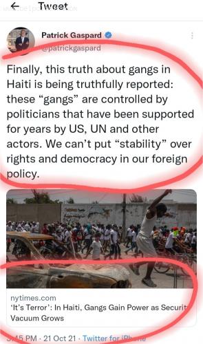Patrick Gaspard tweet about gang violence in Haiti and how the United States is responsible