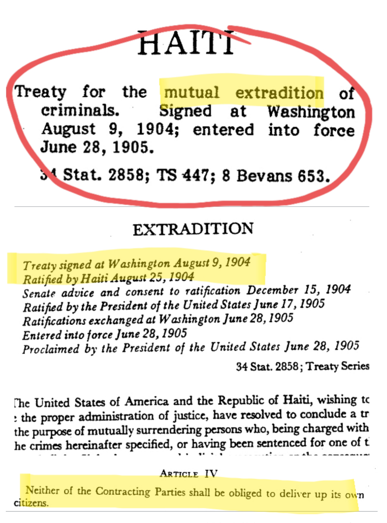 Copy of the extradition treaty between Haiti and the United States