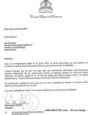 Haiti CEP - Pierre Louis OPONT Resignation Letter